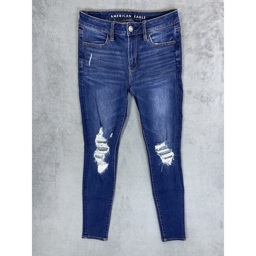 American Eagle Jeans Womens‎ 4 Blue Ripped Dark Denim Hi Rise Jegging Stretch
